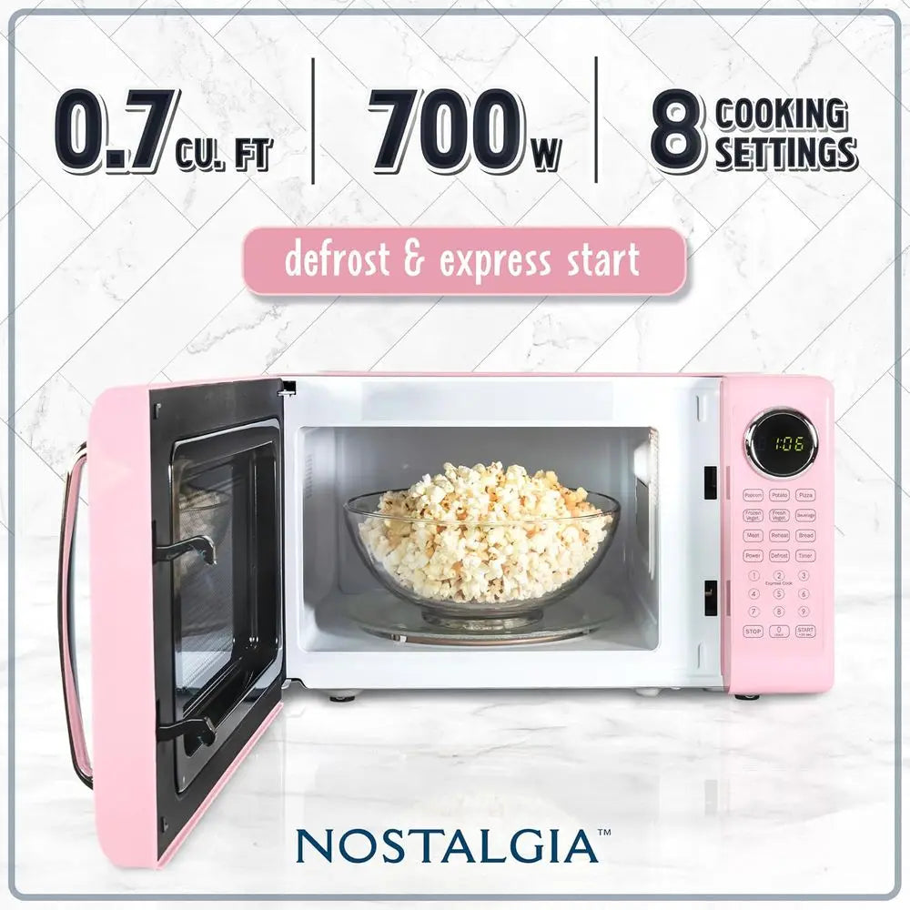 0.7 cu. ft. 700 W Compact Microwave with Glass Turntable, Child Lock, 8 Automatic Cooking Programs, Digital Clock - Pink