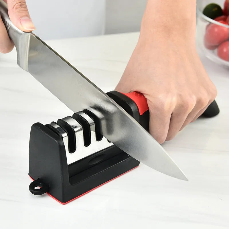 Multifunctional Kitchen Knife Sharpener, Three-Use Household Sharpening Stone, 4 Segments, Black