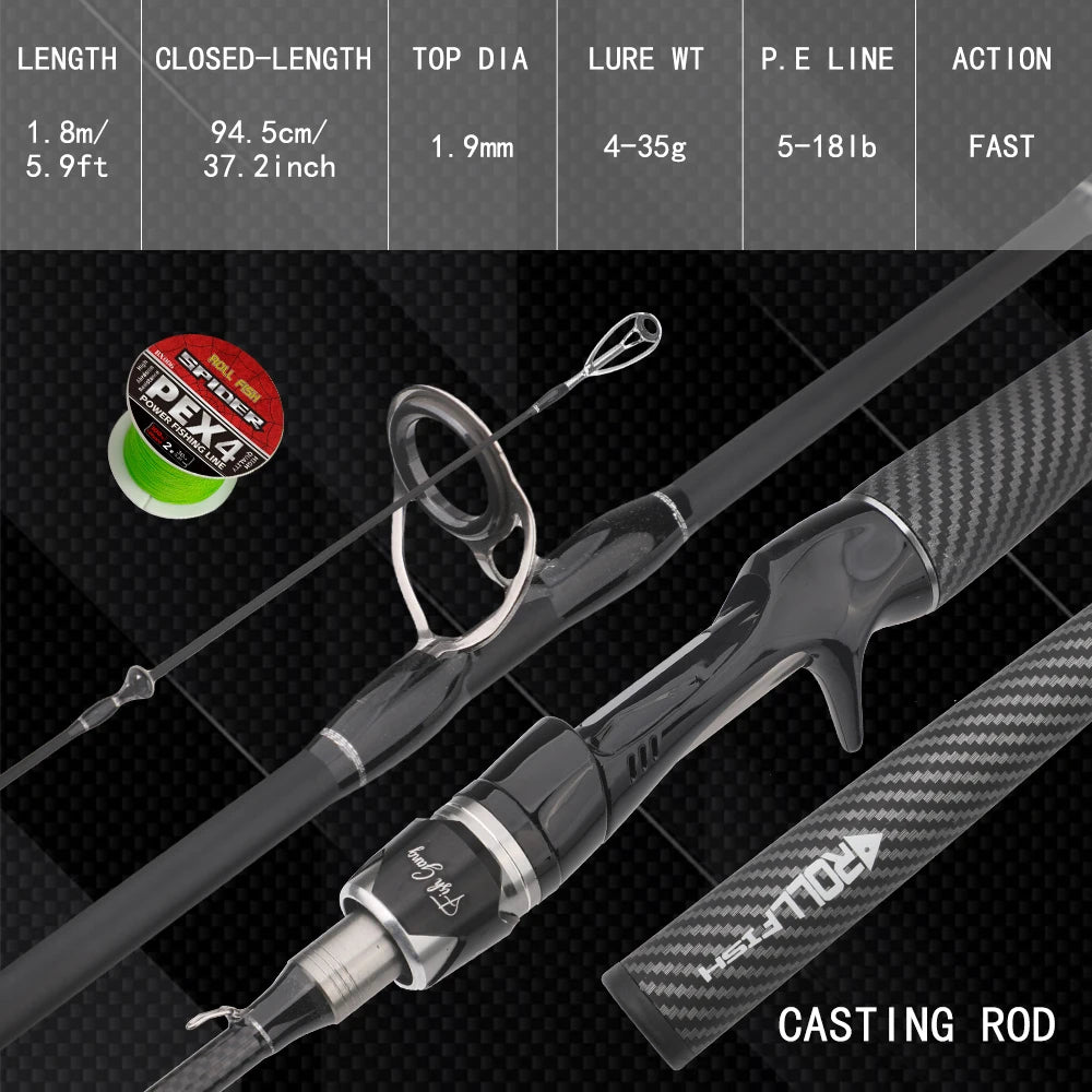 ROLLFISH canne à pêche Baitcasting en Fiber de carbone de haute qualité puissance moyenne-eau salée eau douce comprend une ligne tressée gratuite de 100 m