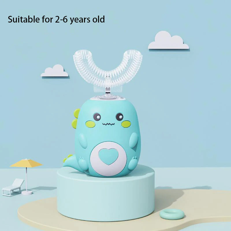Cepillo de dientes eléctrico infantil en forma de U, rotación de 360 grados, dibujos animados inteligentes, cepillo de dientes de silicona, automático, recargable, sónico