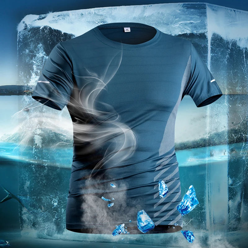 Men's Short Sleeve Running T-Shirt, Thin Ice Silk Top, Reflective Print, Quick Dry, Breathable, Fitness, Sport, 5XL