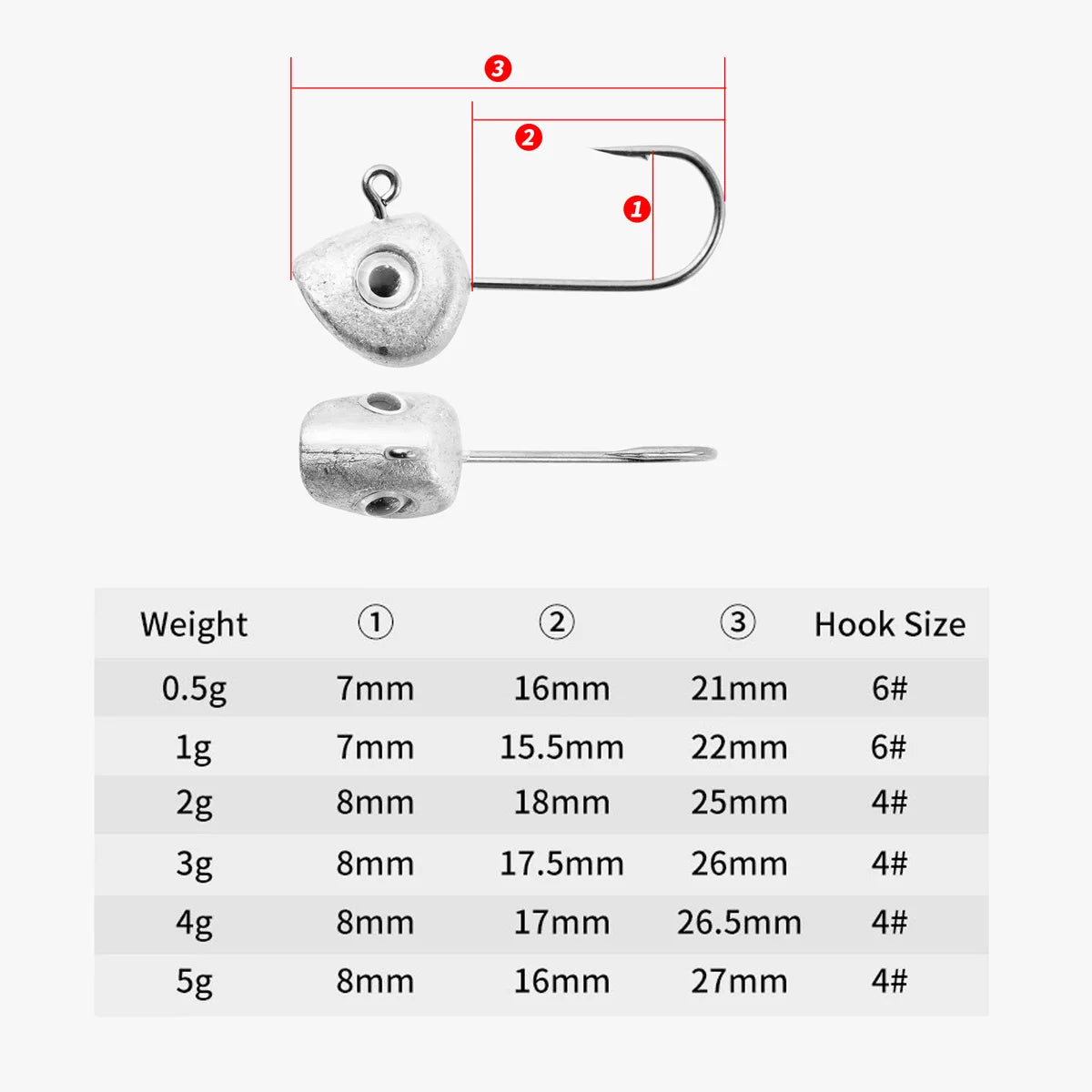 Mini crochet à tête de gabarit avec yeux 3D, leurre souple, ver de pêche, bar, crappie, 0.5g, 1g, 2g, 3g, 4g, 5g, 10 pièces