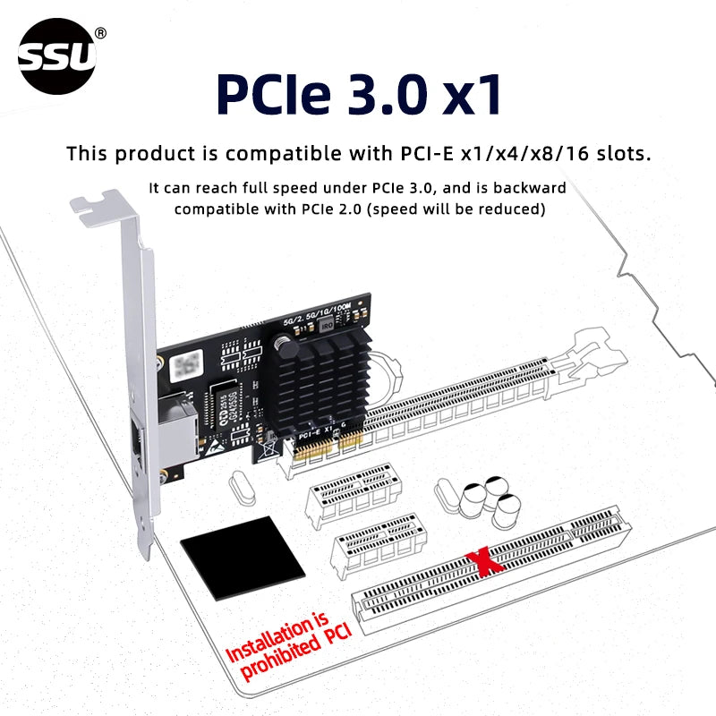Ordinateur 5G carte réseau filaire Ethernet 5Gbps ordinateur de bureau PCI-E x1 à 5G adaptateur réseau 5000Mbps, adapté pour Windows 10/11