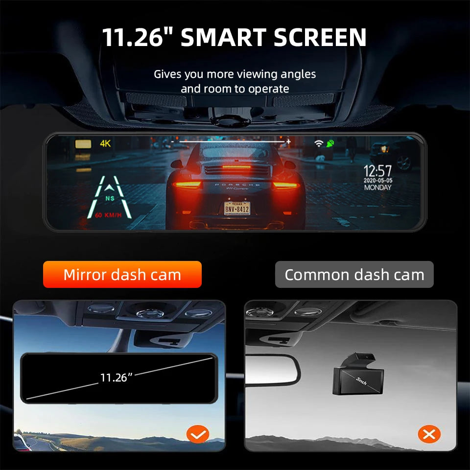 Dashcam 4K WiFi GPS 12" Tactile IPS — Rétroviseur Caméra Recul Enregistreur