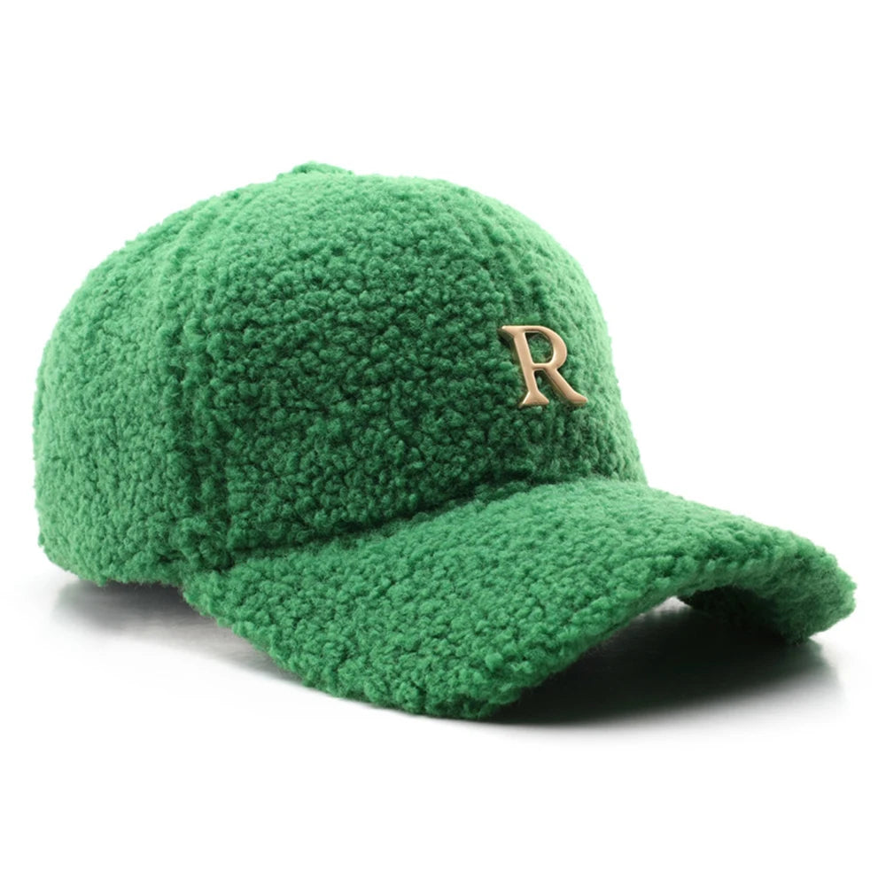 Casquette de baseball en laine d'agneau verte — lettres dorées, trucker, hiver, femme et homme