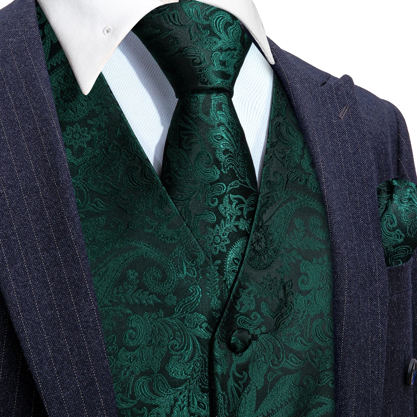 Lujo para hombre, conjunto de chaleco verde Paisley Floral Slim, para hombre, chaleco de vestir sin mangas, formal de trabajo, con corbata y pañuelo, de Barry Wang