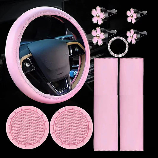 10Pcs Women Leather Steering Wheel Cover Cute Car Accessories Set with Seatbelt Shoulder Pads Cup Holders Car Decorations