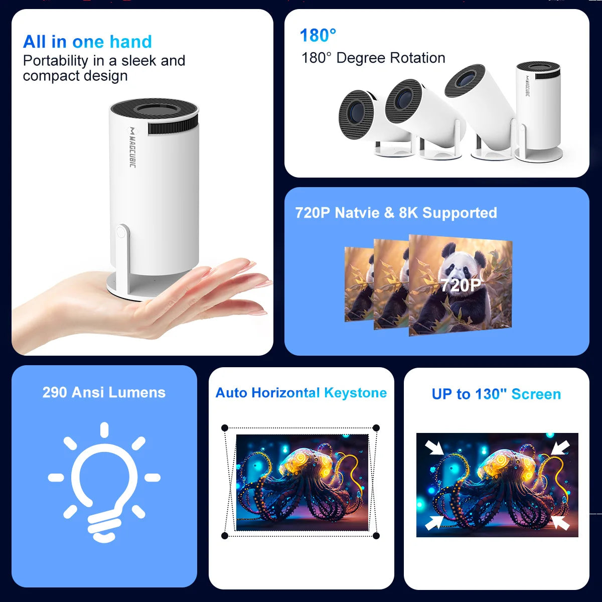 Projecteur magnétique 8K Android 14 — double WiFi6, 290 ANSI, BT5.4, 1080P, cinéma maison extérieur