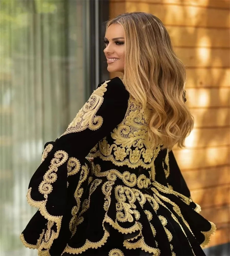 Robe de soirée traditionnelle kosovare albanaise 2025, Kaftan marocain à manches longues avec appliques dorées, Robe de bal musulmane arabe personnalisée