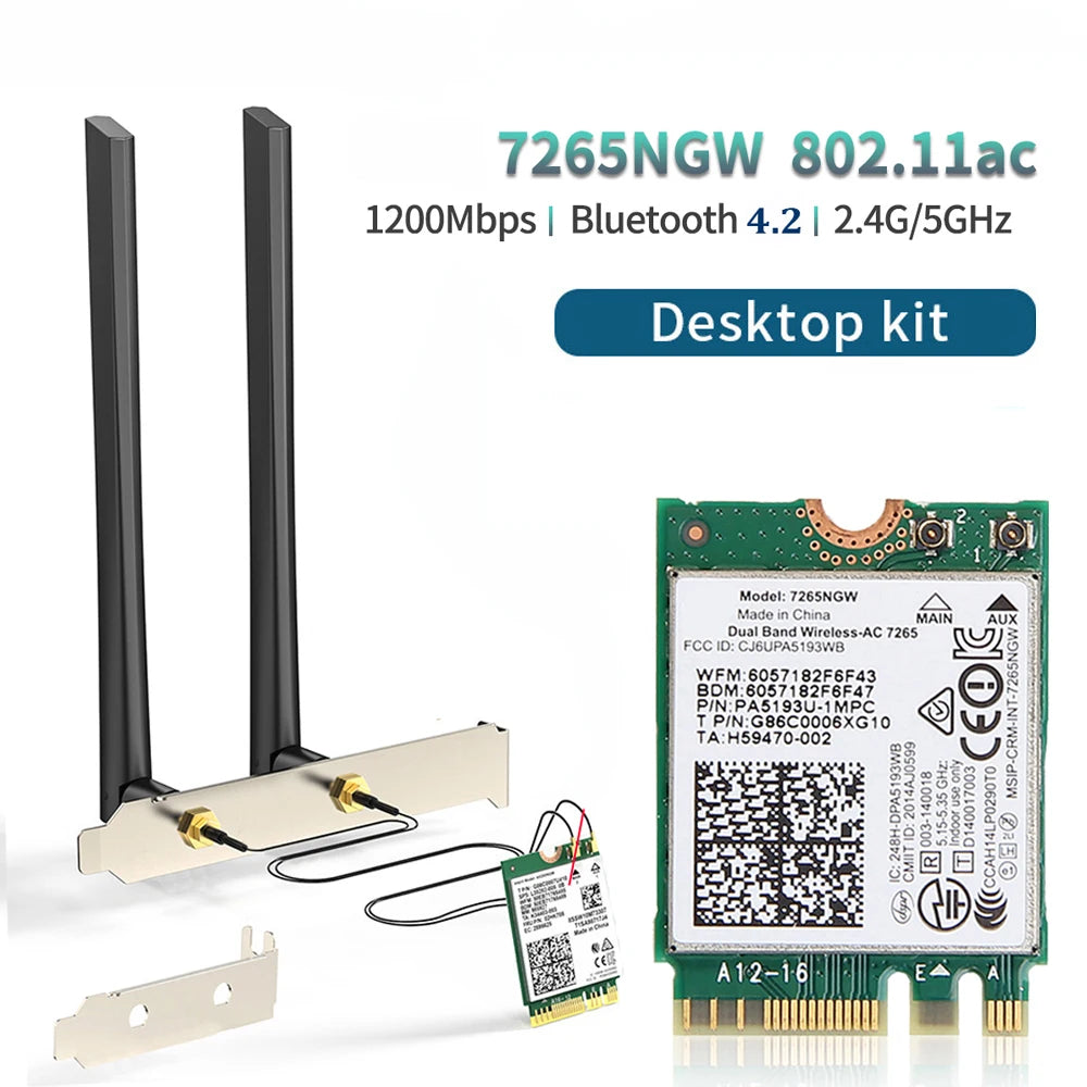 Adaptateur WiFi 7265NGW 1200Mbps Bluetooth 4.2 M.2 Kit de bureau 2.4G 5G pour ordinateur portable