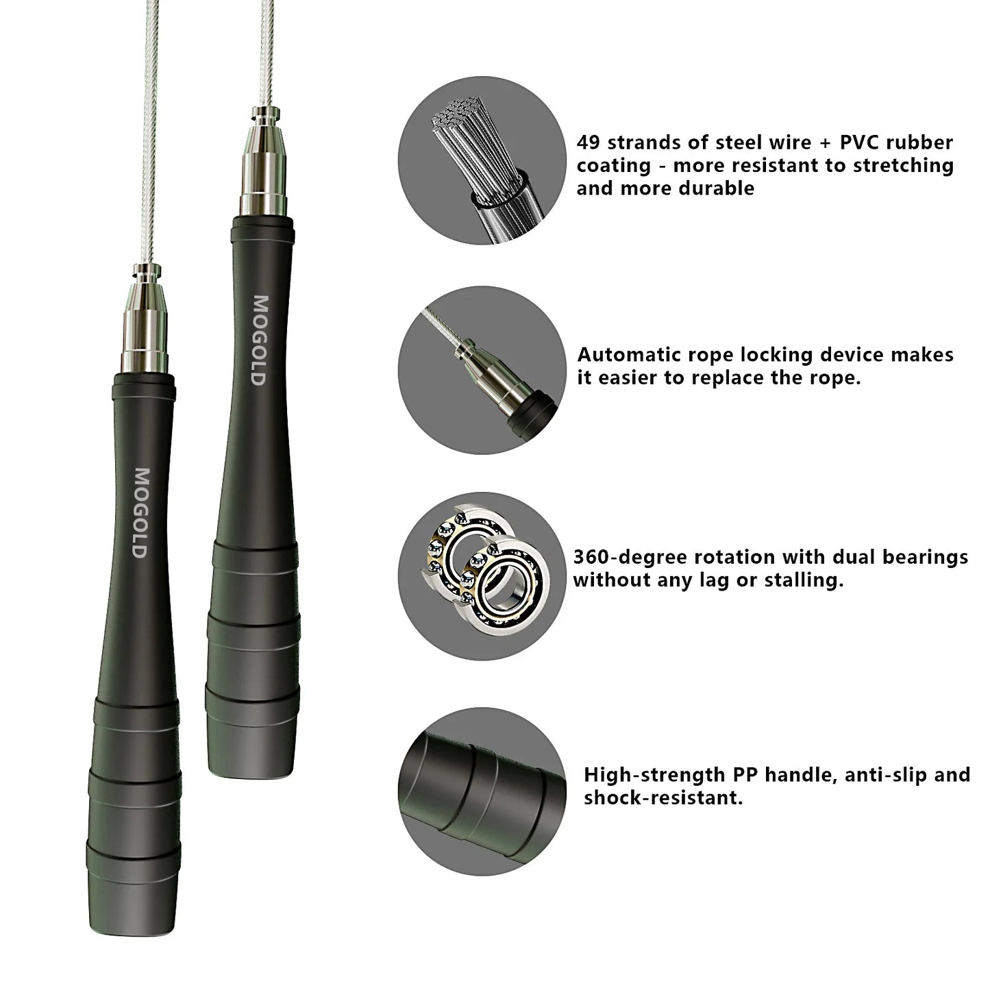 Corde à sauter professionnelle avec roulements à billes — câble acier, cardio, fitness, combustion graisses