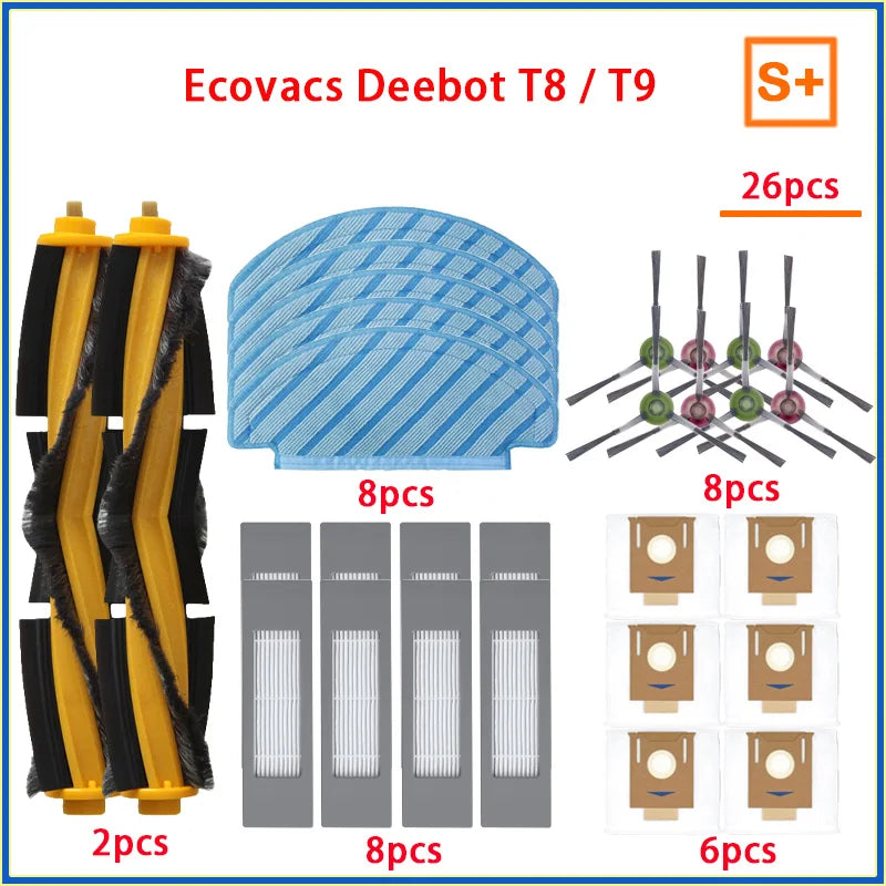 Dust Bag Parts for ECOVACS Deebot T9 AIVI T8 AIVI N8 Pro Robot Vacuum Cleaner, Main Side Brush, HEPA Filter, Replacement Accessories