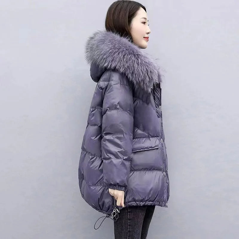 Veste en duvet de coton pour femme, mi-longue, Version coréenne, ample, épaisse, grand col en laine, à capuche, nouvelle collection hiver 2024