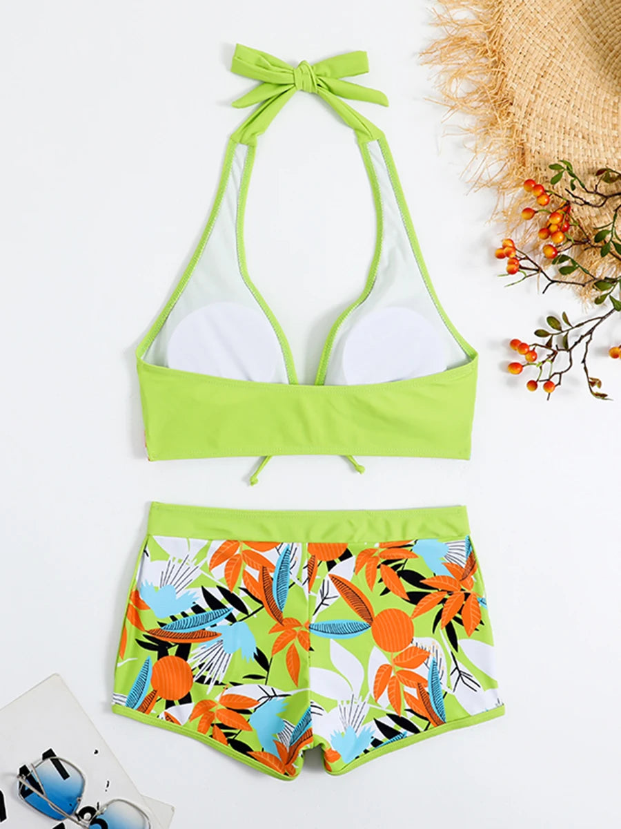 Ensemble de bikini halter 2026, maillot de bain court pour femme, maillot de bain taille haute imprimé, tenue de plage