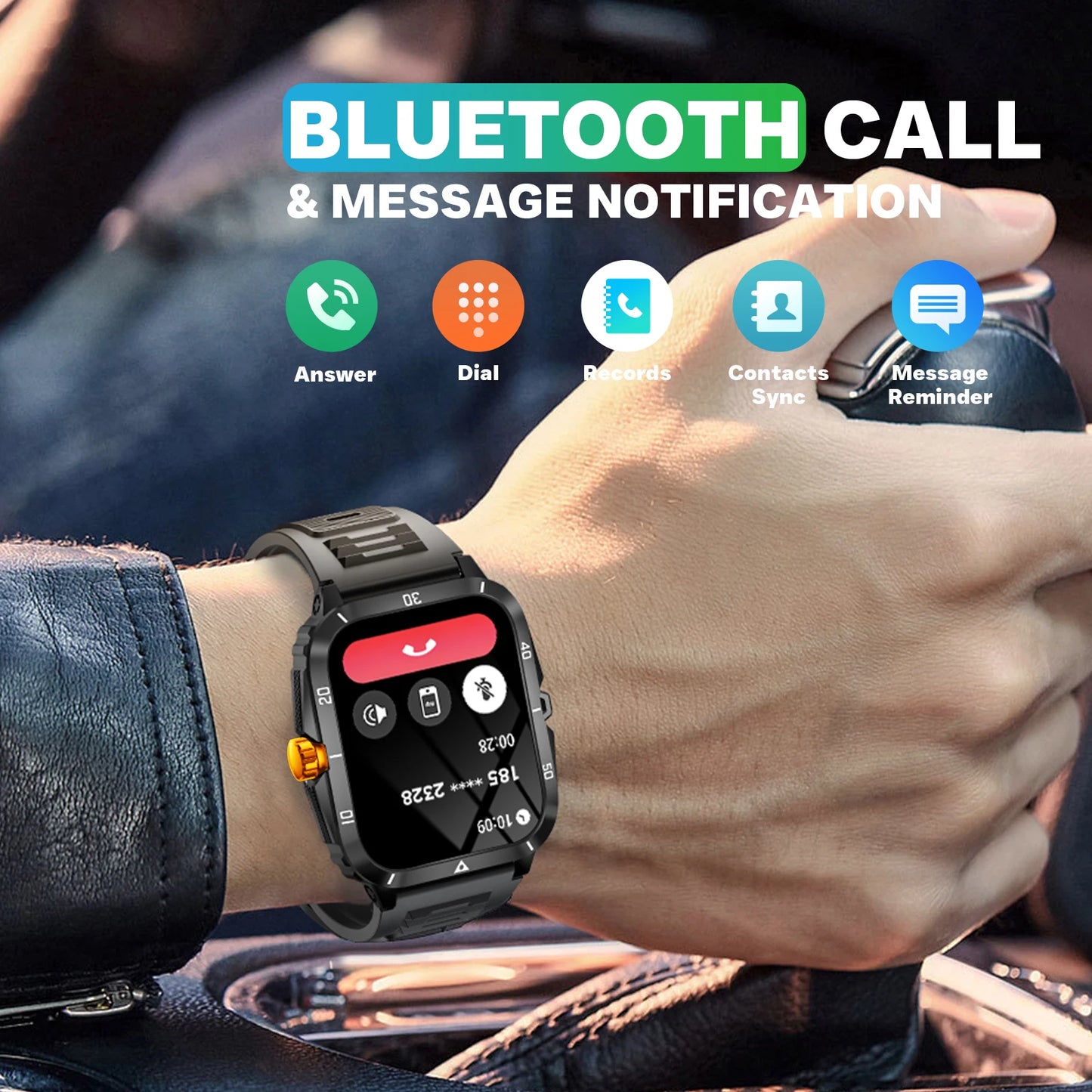 EIGIIS Reloj inteligente 3ATM impermeable 1.96" IPS militar KT71 para hombres 100+ modos deportivos Ritmo cardíaco Presión arterial Llamada Bluetooth