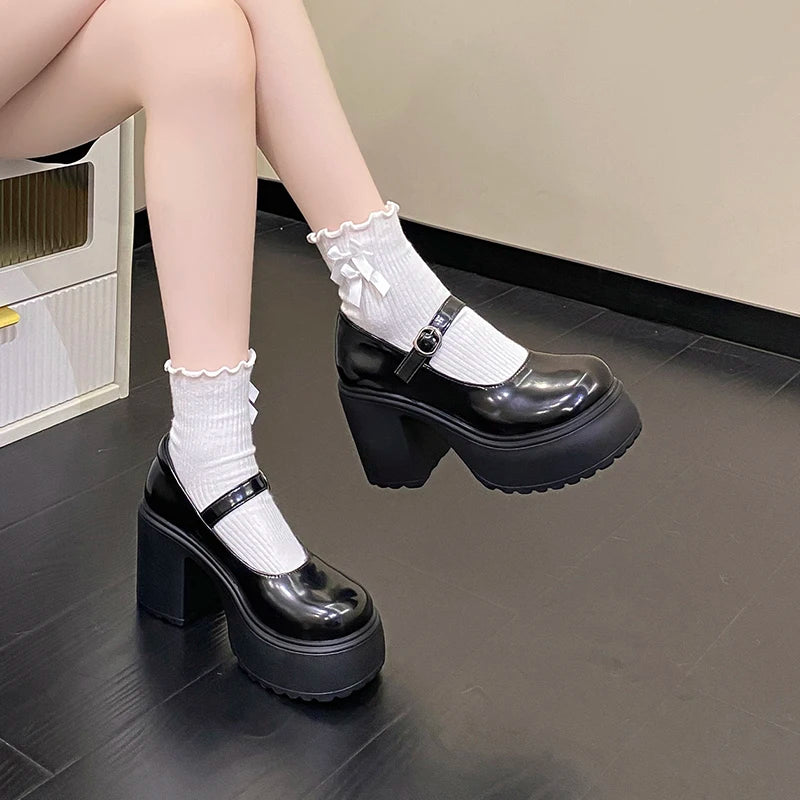 Chaussures Mary Jane noires à talons très hauts pour femme 2026, escarpins gothiques à plateforme épaisse, grande taille, avec boucle de cheville, chaussures de soirée Lolita 42
