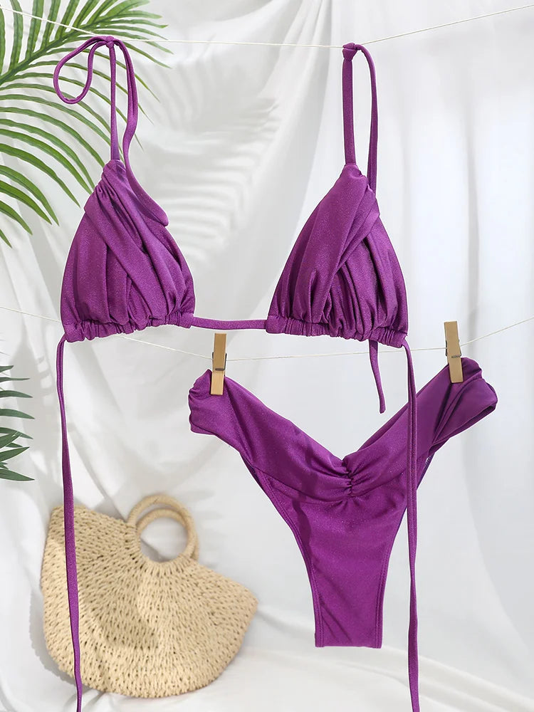 Sexy plis Bikini ensemble solide Micro Bikinis femmes maillot de bain femme Triangle maillots de bain vêtements de plage maillot de bain