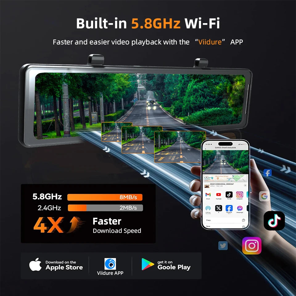 Dashcam 4K WiFi GPS 12" Tactile IPS — Rétroviseur Caméra Recul Enregistreur