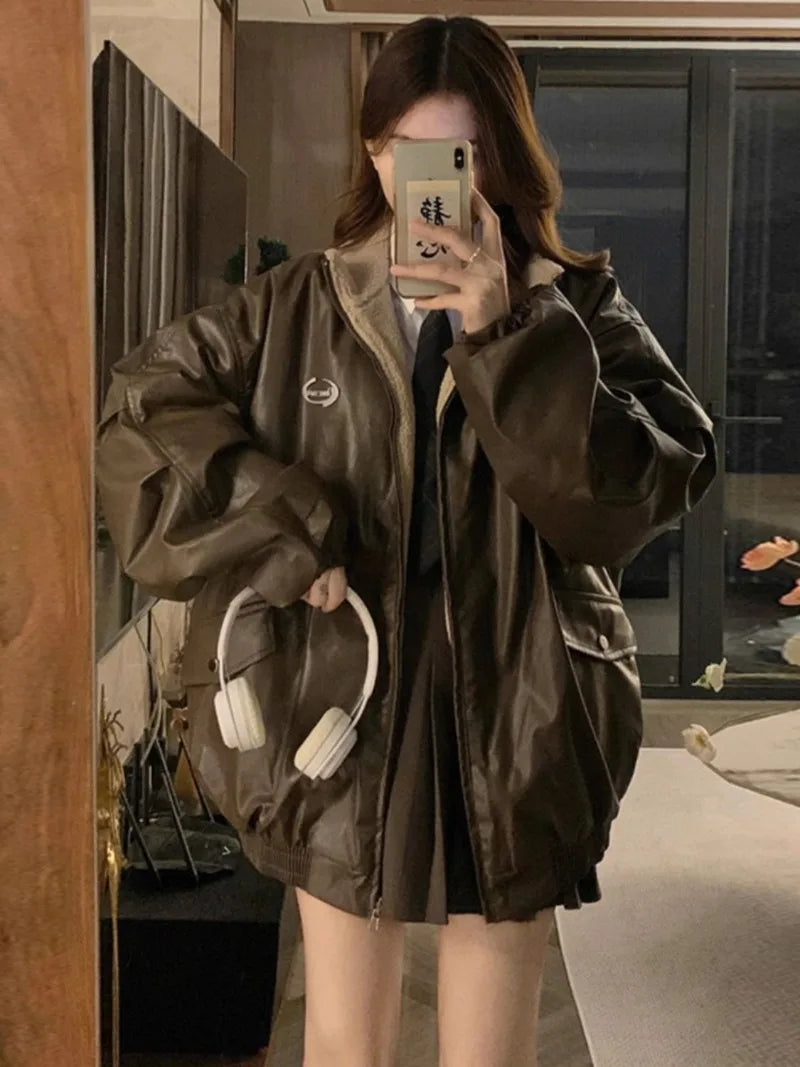 Maillard mode veste en cuir PU avec manteau en laine d'agneau des deux côtés femme Y2K hiver nouvelle Locomotive en velours veste rembourrée en coton