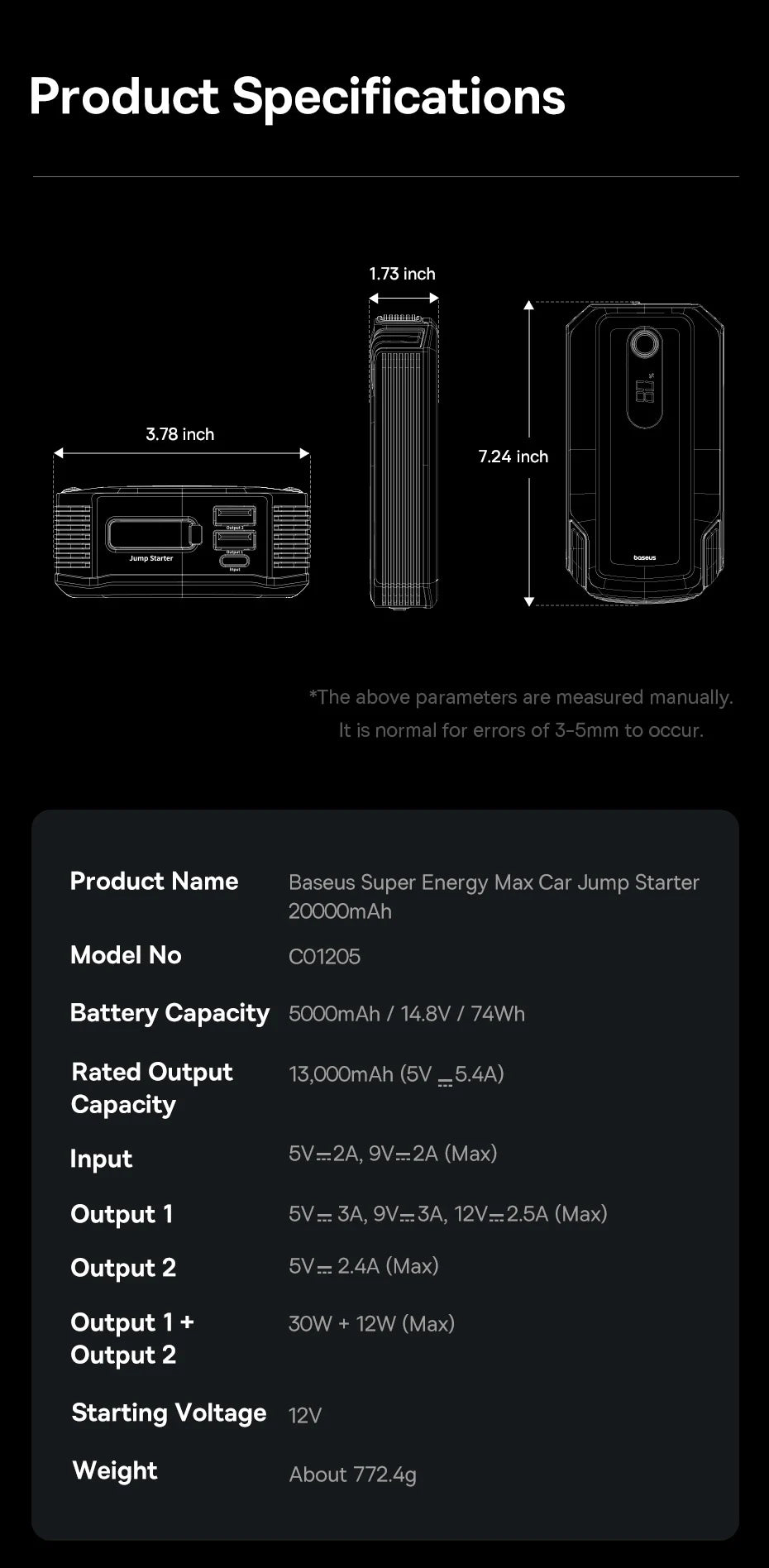 Baseus 20000mAh démarreur de saut de voiture batterie externe 2000A 20000mAh chargeur de batterie de voiture Auto Booster d'urgence dispositif de démarrage démarrage de saut