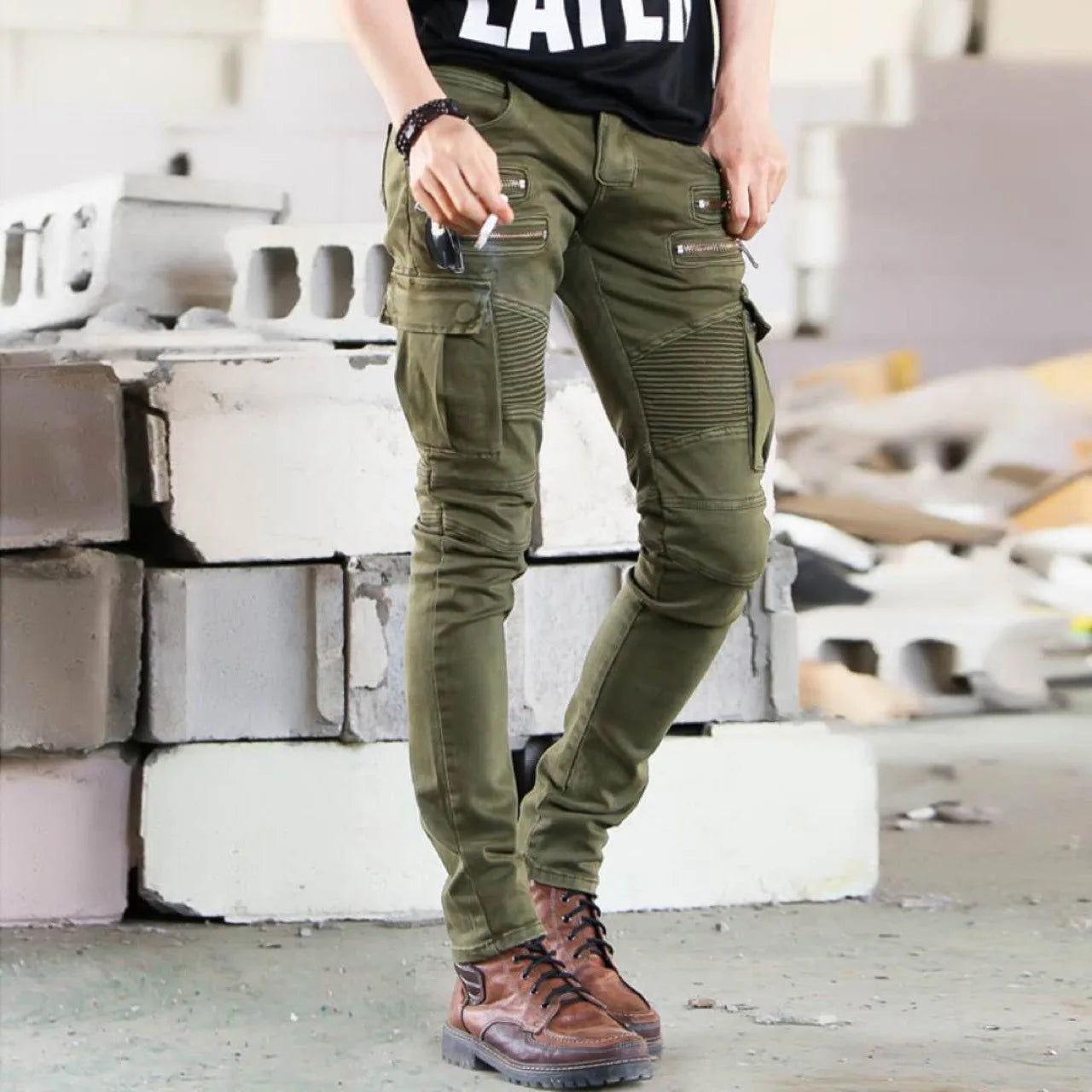 Jean Motard Denim Vert Homme — Slim Élastique Hip Hop Militaire Cargo