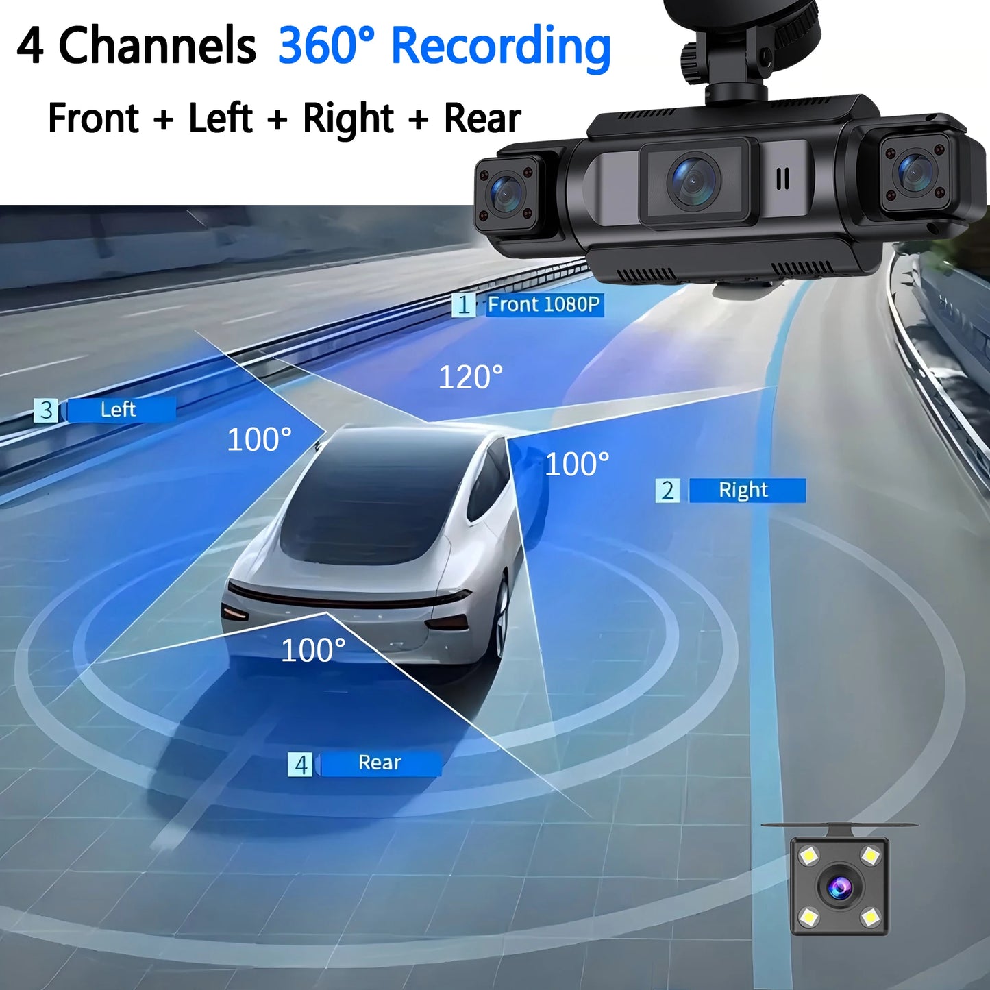Dashcam WiFi 4 Canaux FHD 1080P — Boîte Noire Vision Nocturne Kit Câbles Rigides