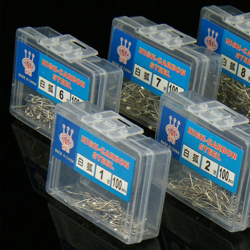 100pcs Barbed Silver High Carbon Steel Hooks for Fishing White Fox, Pelteobagrus Fulvidraco and Striped Catfish