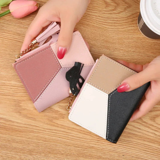 Monedero de mujer, cartera con cremallera, monedero corto para mujer, bolso de mano, cartera de cuero patchwork para mujer, tarjetero, cartera para teléfono