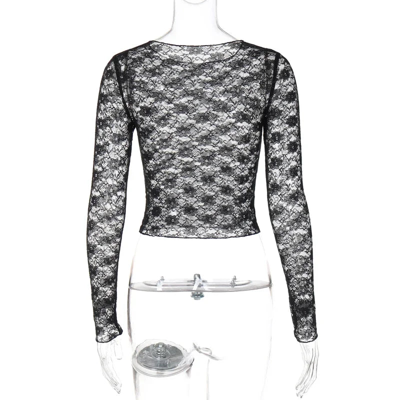 Mooyufon Camiseta de manga larga transparente de encaje corta ajustada y sexy para mujer, para fiesta, discoteca, otoño e invierno