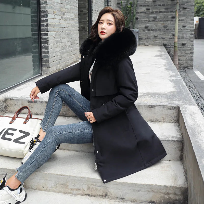 Parka d'hiver 2024 nouvelles femmes veste vêtements manteau Long doublure en laine à capuche col de fourrure épais chaud vêtements de neige mode Parka
