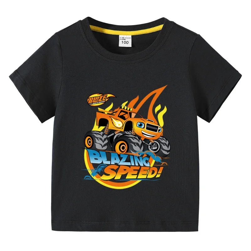 Kids' Short Sleeve Cotton T-shirt, Funny Cartoon Print, Blaze and the Monster Machines Series