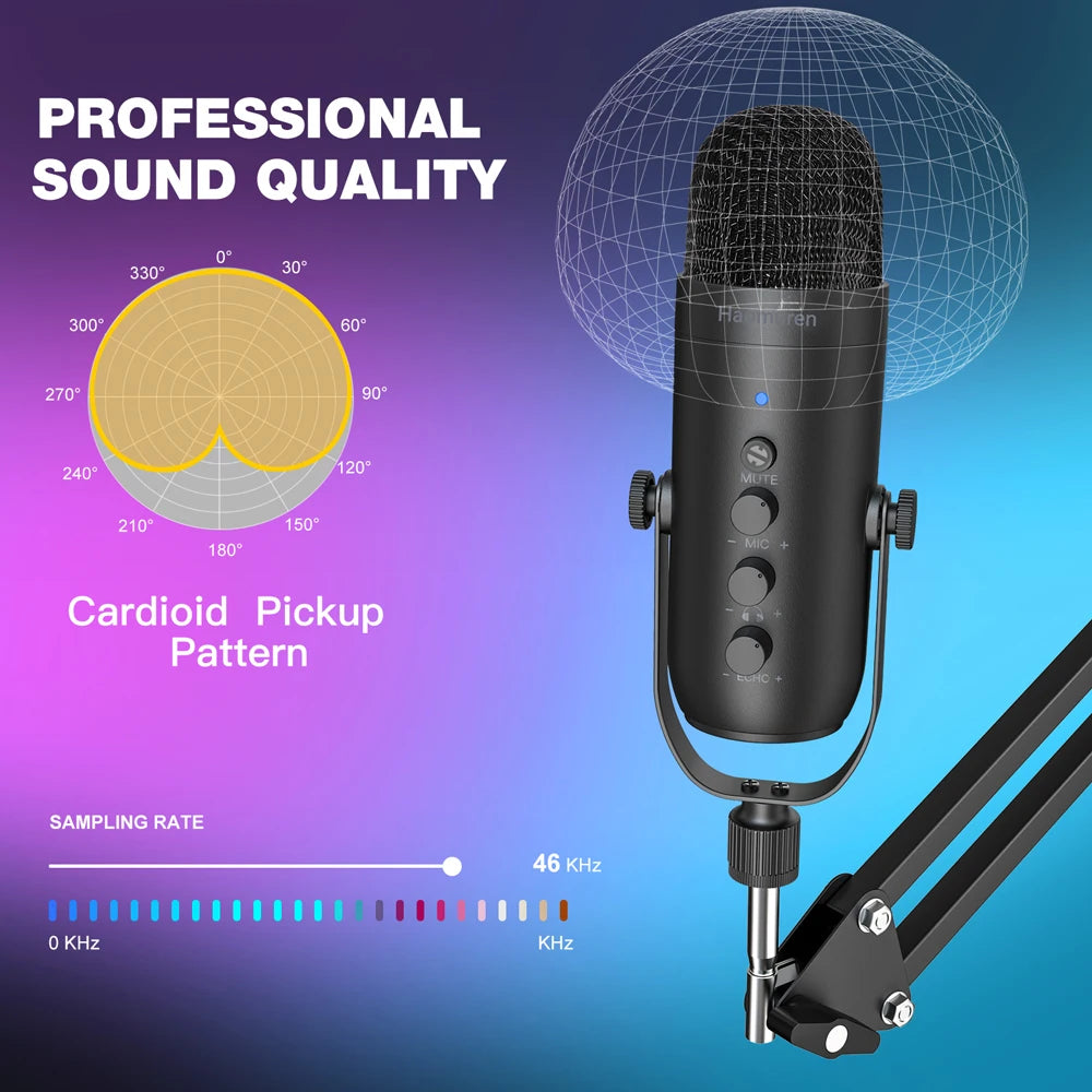 Haomuren – Kit microphone studio USB cardioïde avec bras HON pour enregistrement et podcast