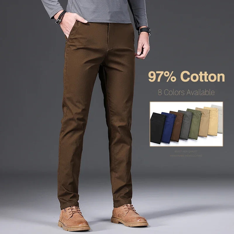 Pantalones casuales para hombre, 97% algodón, moda de otoño, cómodos, elásticos, ajustados, rectos, de negocios, negro, verde militar, caqui