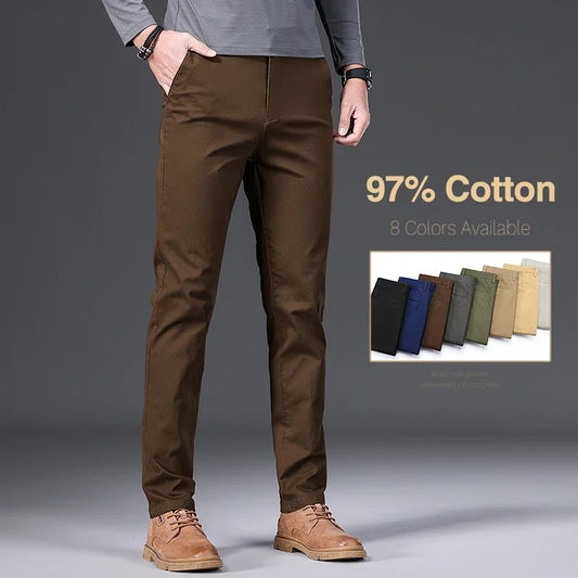Pantalon décontracté pour hommes, 97% coton, mode automne, confortable, élastique, Slim, droit, Business, noir, vert armée, kaki
