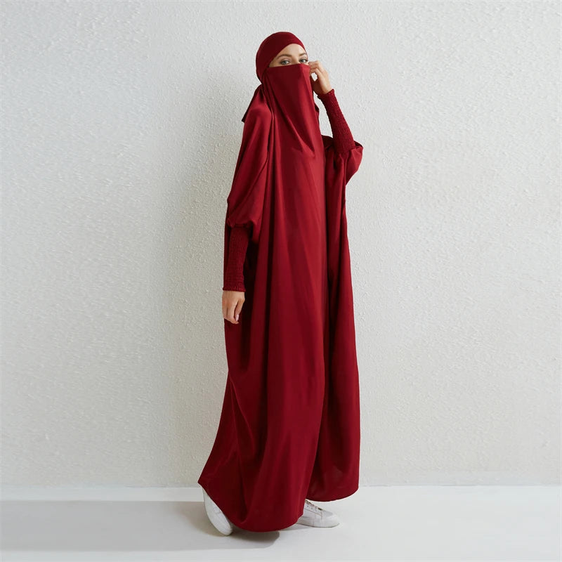 Abaya musulman à capuche manches smockées une pièce Robe de prière femmes Jilbab vêtements islamiques dubaï saoudien Robe noire modestie turque