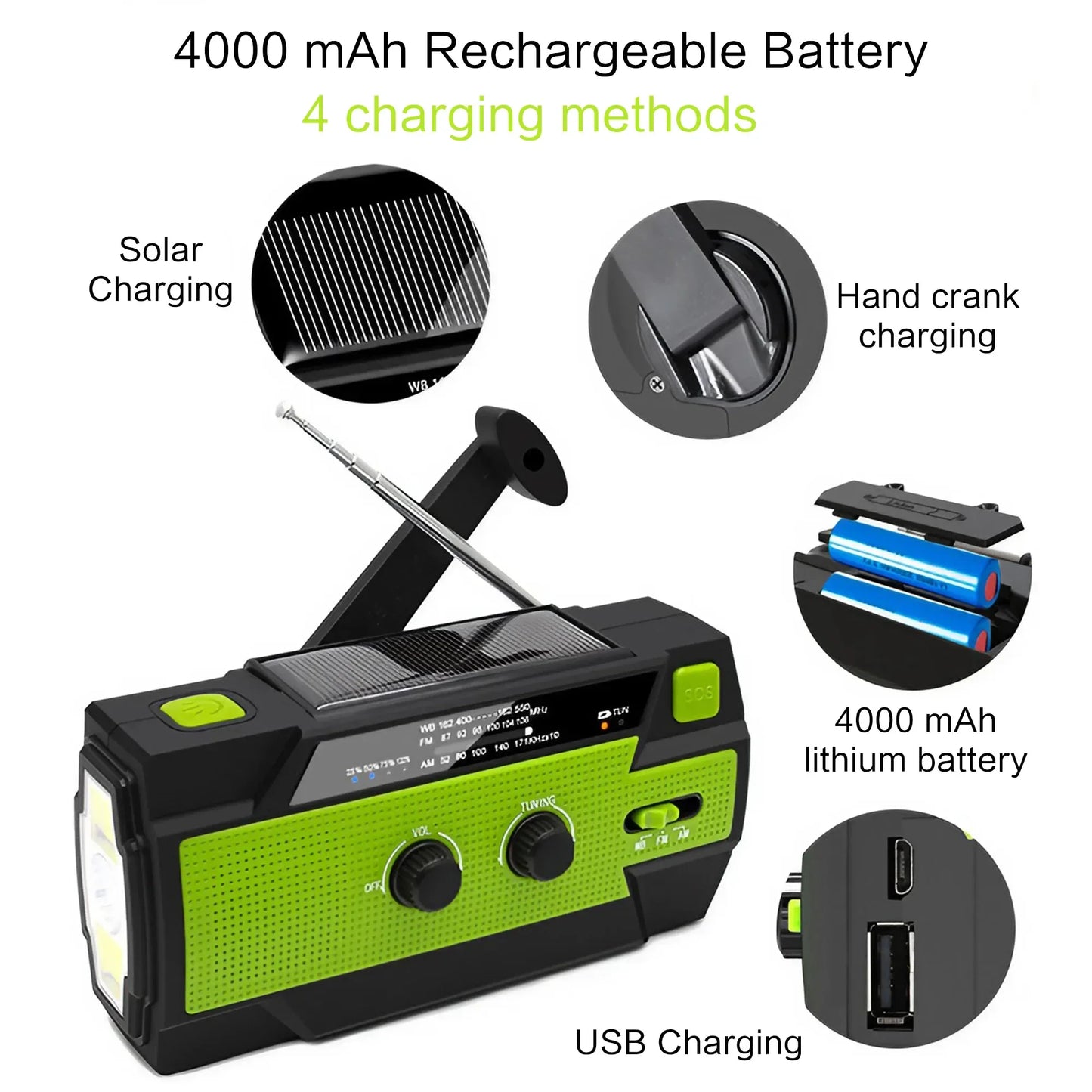 Radio météo d'urgence multifonctionnelle, FM AM WB, manivelle, charge USB solaire, batterie externe 2000mAh, lampe torche LED
