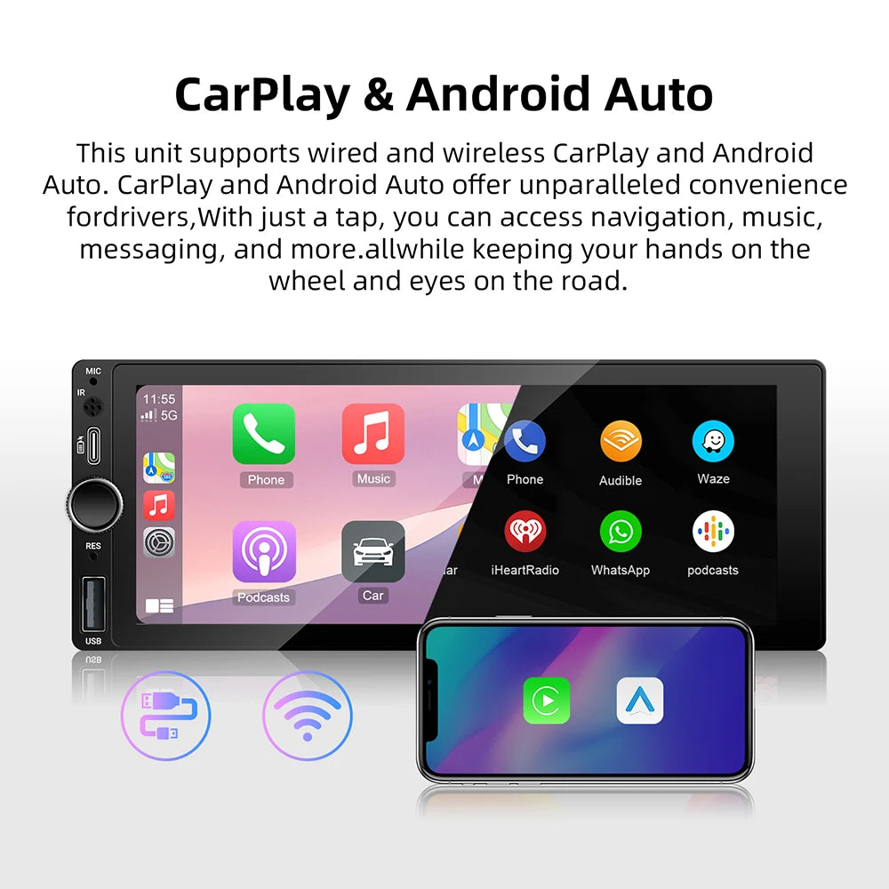 Autorradio universal MP5 de 1DIN y 6.86 pulgadas, compatible con Carplay inalámbrico, Android AUTO, AUX, USB, BT, pantalla táctil y reproductor de video multimedia.