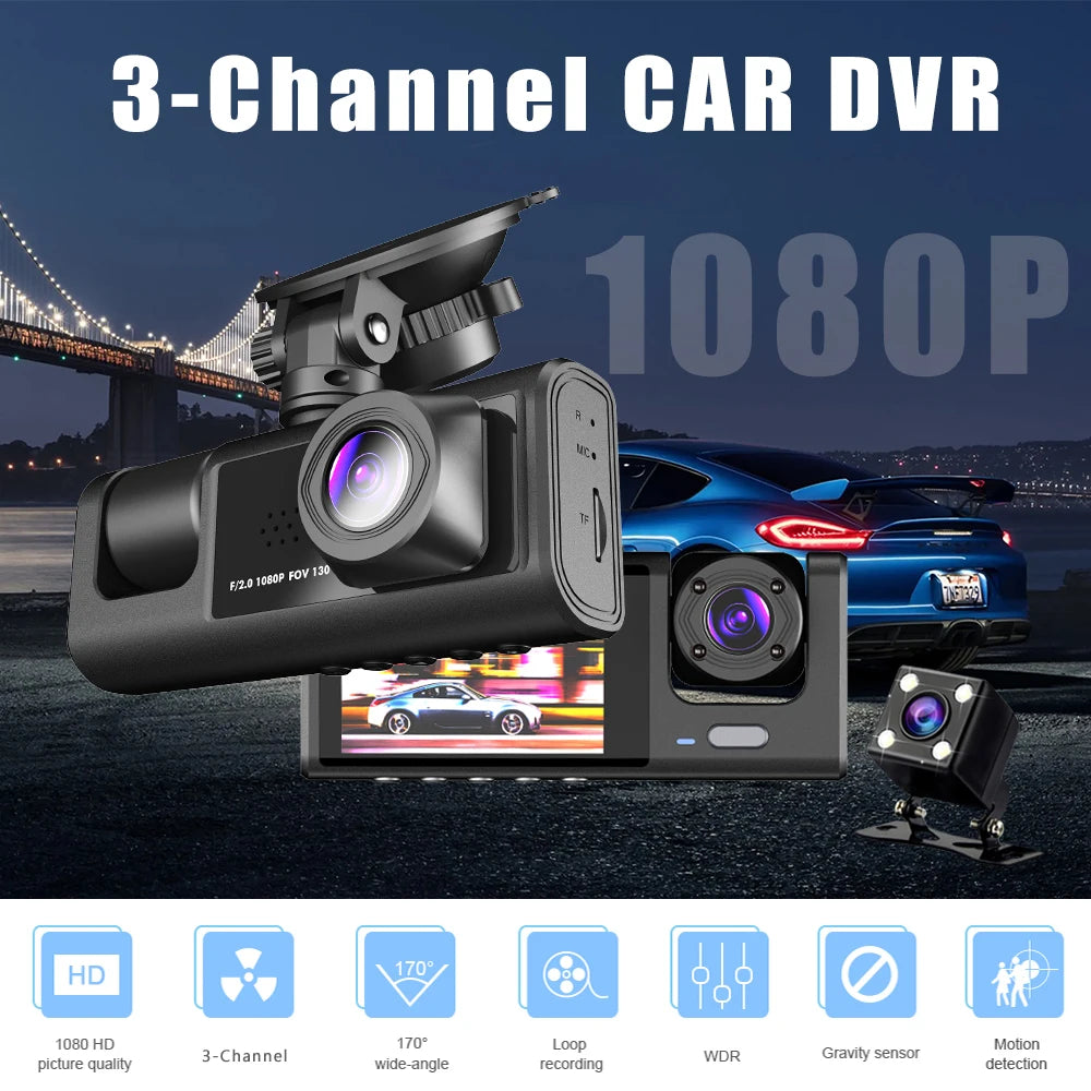 Dashcam 3 Canaux HD 1080P Triple Lentille — DVR Véhicule Intérieur Enregistreur