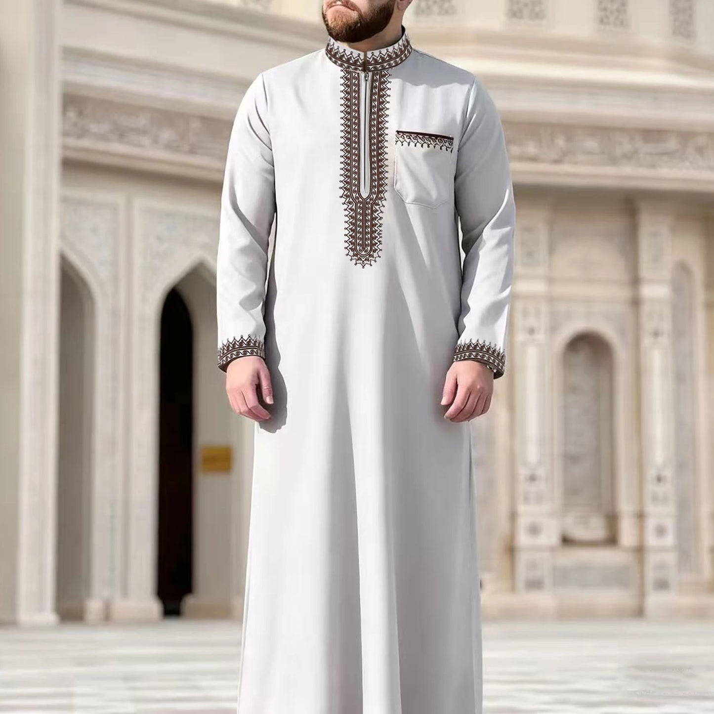 Thobe pour hommes marocain, manches longues style ethnique brodé col montant conception de fermeture éclair hommes musulmans à la mode Abaya fest arabe