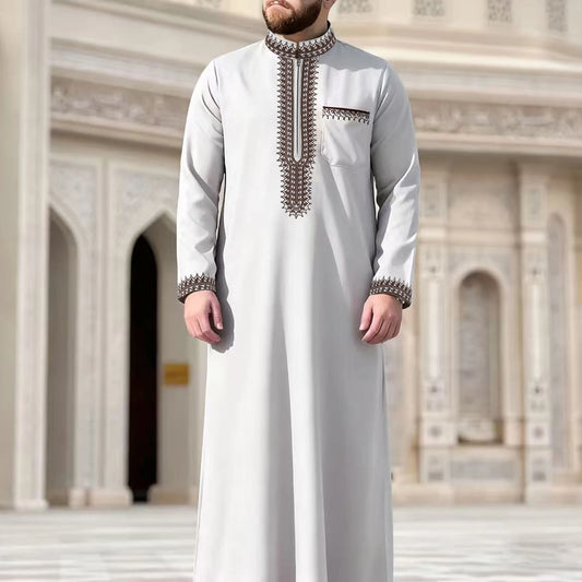 Thobe pour hommes marocain, manches longues style ethnique brodé col montant conception de fermeture éclair hommes musulmans à la mode Abaya fest arabe