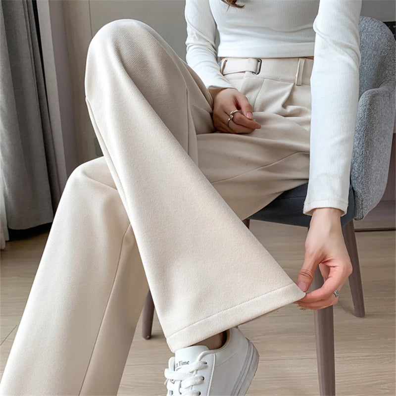Pantalon en laine épais à jambe large pour femmes — décontracté, taille haute, bouton, chic, automne-hiver 2025