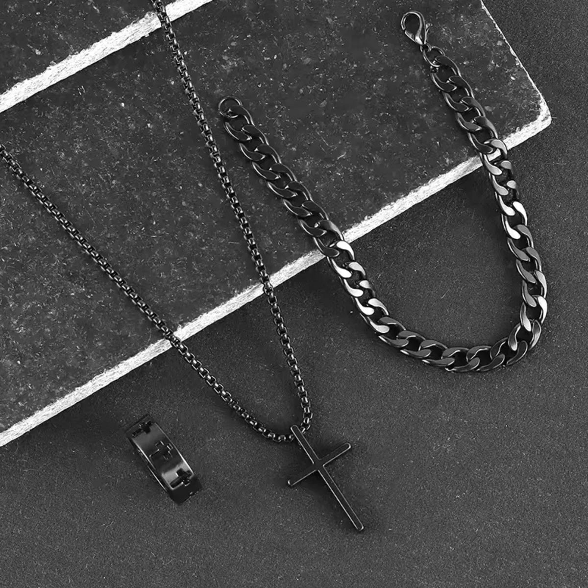 Best Seller New 3-Piece Cross Jewelry Set | Chain Bracelet Ring Necklace | Fashion Religious Accessories for Women and Men, Daily and Gift