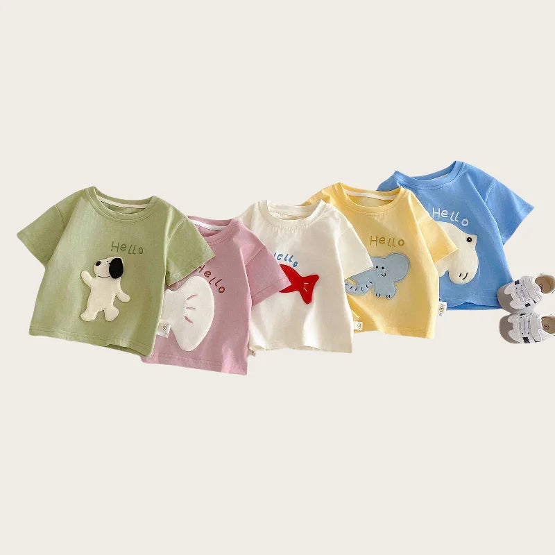 Nouvelle collection été 2026 : T-shirt décontracté à manches courtes pour enfants (0-5 ans) avec patchs de dessins animés mignons et imprimé lettres – Doux et confortable pour filles et garçons