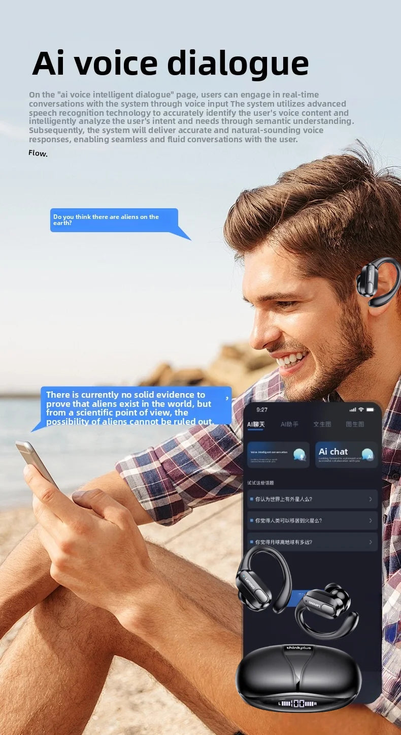 Écouteurs sport sans fil — micro, contrôle boutons, affichage LED, HiFi stéréo, traducteur AI