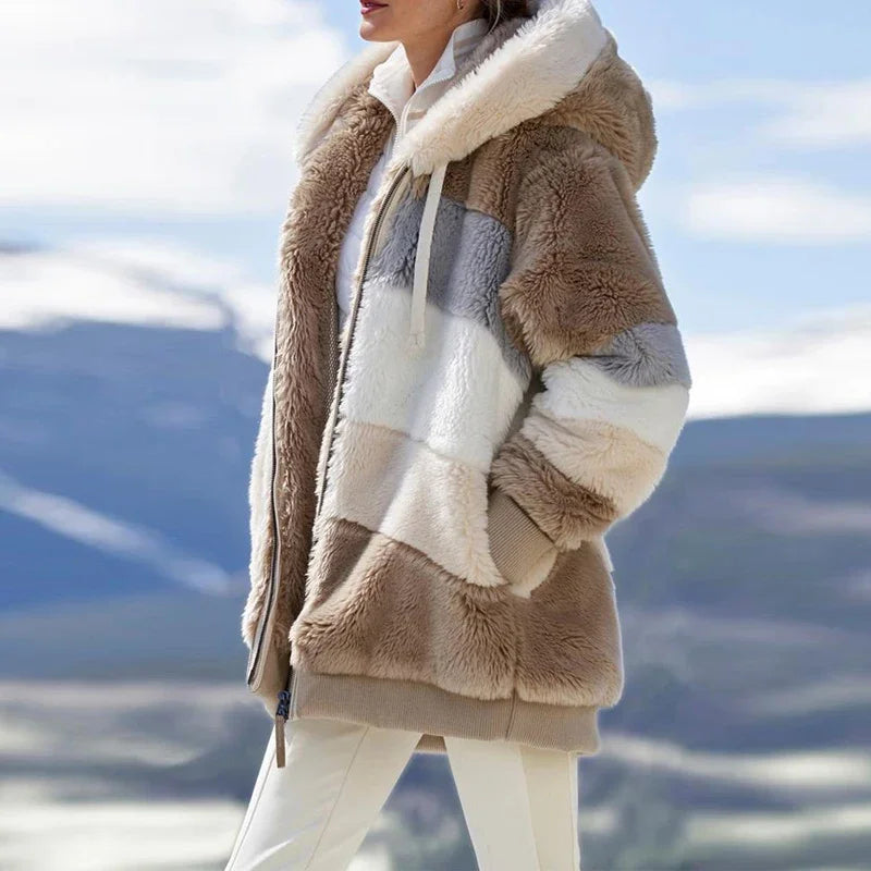 Abrigo de invierno para mujer 2025, chaqueta de mujer con cremallera y capucha, empalmado, cachemira gruesa, chaqueta de mujer, costura a cuadros, abrigos de mujer