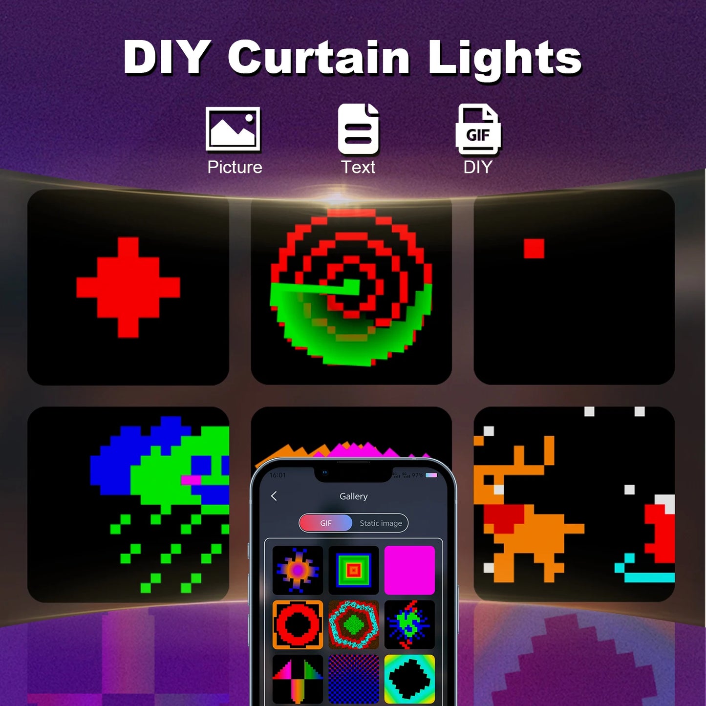 Cortina de luces LED inteligente, guirnalda de Año Nuevo, guirnalda de luces de hadas RGB, pantalla de cambio de música, para ventana, decoración navideña