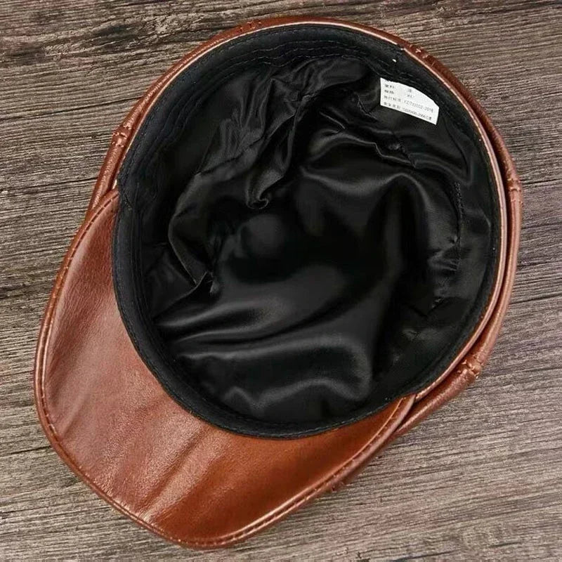 Unisex octagonal cowhide leather caps, newsboy hat, 100% genuine leather, warm cap, painter's beret, spring and winter