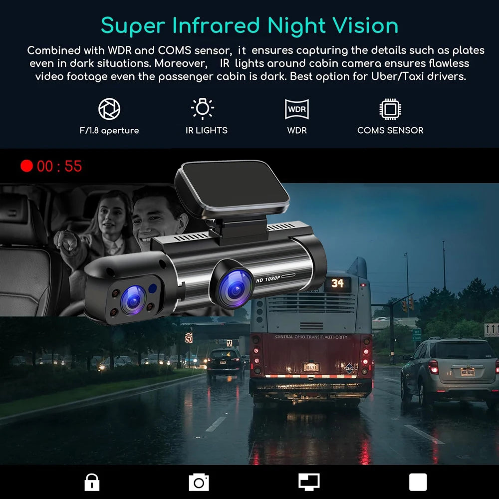 Dashcam HD 1080P Double Objectif Cabine — Mini DVR Boîte Noire Intérieur
