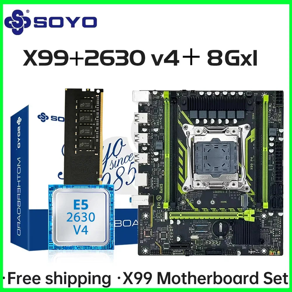 Ensemble de carte mère SOYO X99 avec processeur LGA2011-3 Xeon E5 2630 V4, DDR4 8 Go (1*8 Go) 2133 MHz RAM, NVME M.2 SATA, accessoires informatiques