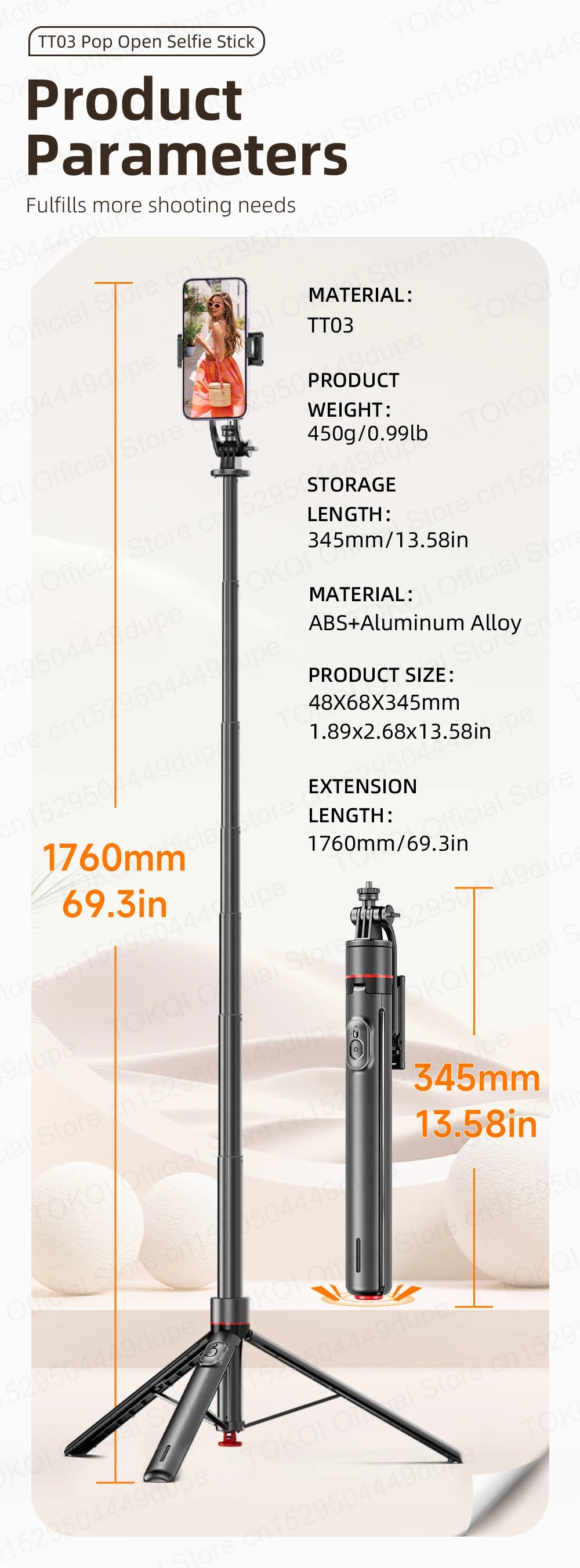 TOKQI TT03 — Perche à Selfie Extensible 1.76m Ouverture Auto Télécommande Magnétique